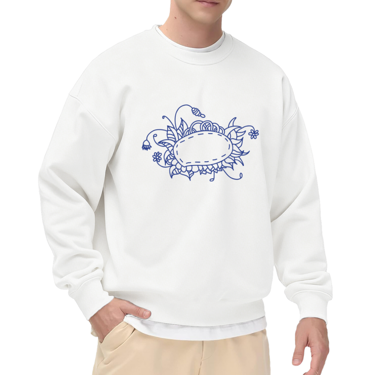 Floral Wreath Oval Frame Crewneck Sweatshirt - Elegant Botanical Line Art Pullover, Minimal Flower Graphic, Vintage Border Top
