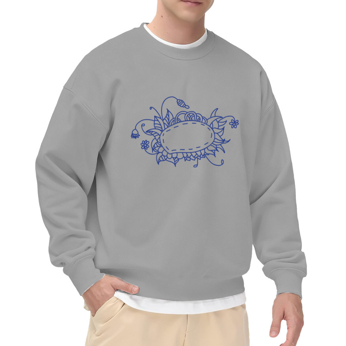 Floral Wreath Oval Frame Crewneck Sweatshirt - Elegant Botanical Line Art Pullover, Minimal Flower Graphic, Vintage Border Top