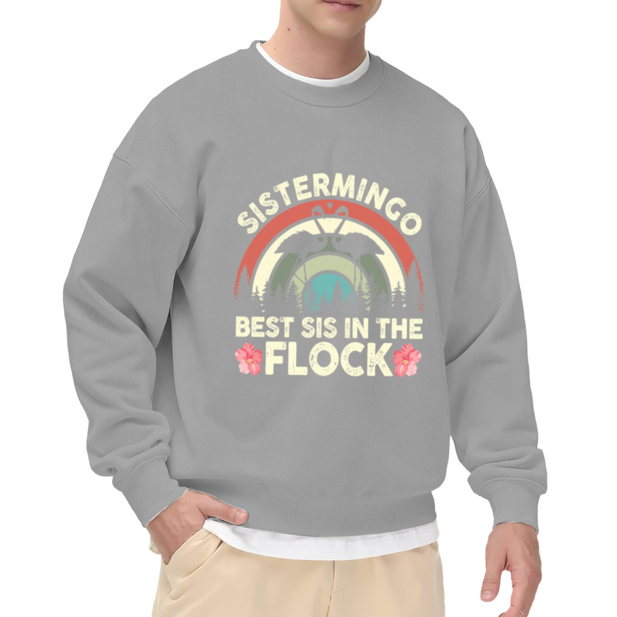 Sistermingo Best Sis In The Flock Flamingo Heart Crewneck Sweatshirt | Retro Sister Gift Pullover, Wildlife Design