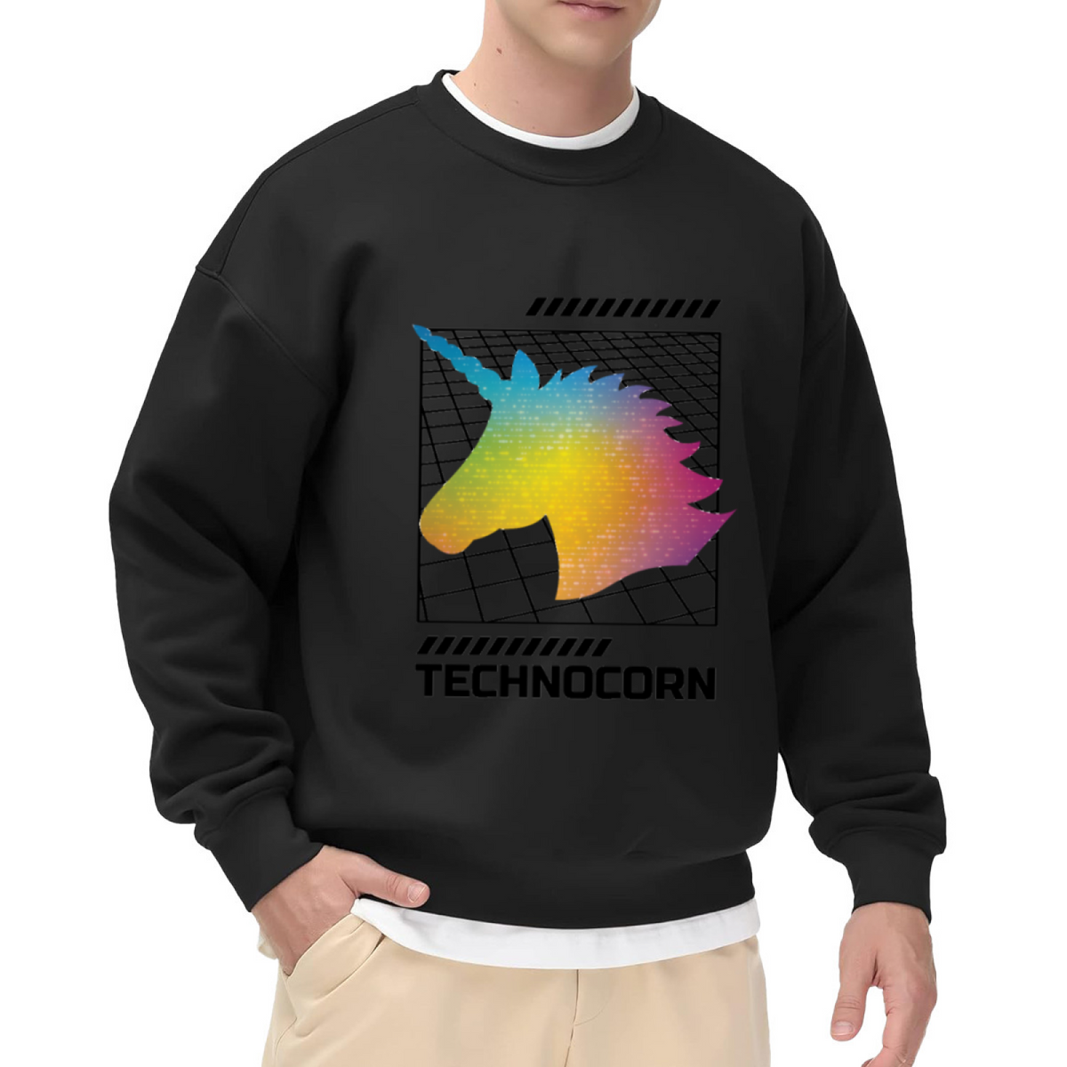Technocorn Sweatshirt | Retro Pixel Unicorn Graphic Crewneck, Cyberpunk Rainbow Gradient Pullover Top, Y2K Digital Art Gift for Women Men