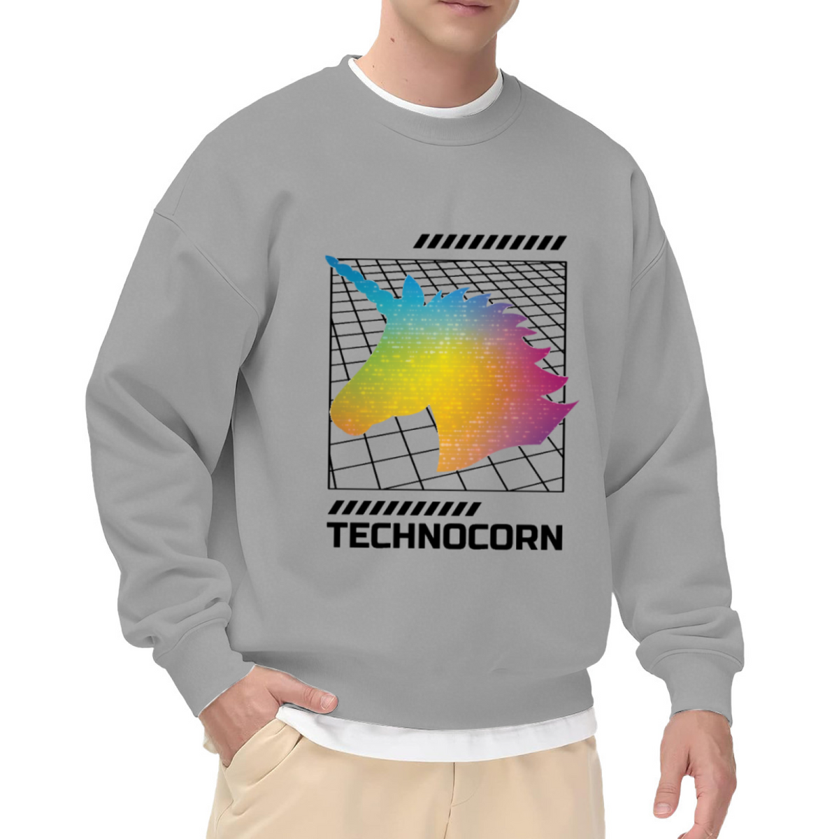 Technocorn Sweatshirt | Retro Pixel Unicorn Graphic Crewneck, Cyberpunk Rainbow Gradient Pullover Top, Y2K Digital Art Gift for Women Men