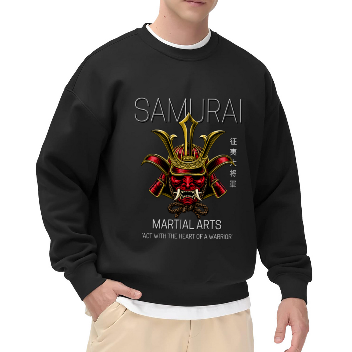 Act With The Heart Of A Warrior Samurai Kabuto Martial Arts Crewneck Sweatshirt | Japanese Warrior Helmet Pullover, Martial Artist Gift