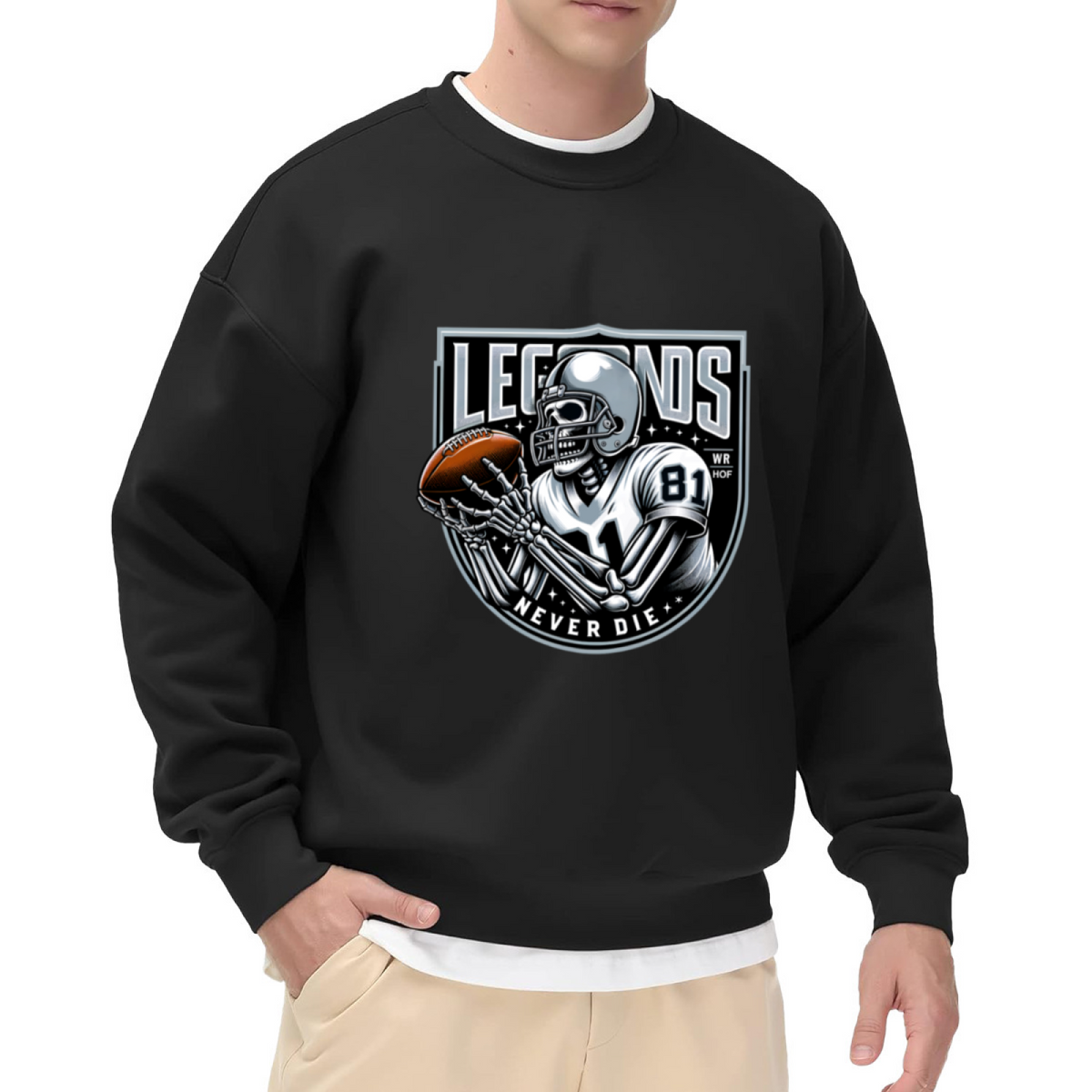 Legends Never Die Skeleton Football Crewneck Sweatshirt, Wide Receiver Hall Of Fame Pullover, Football Gift
