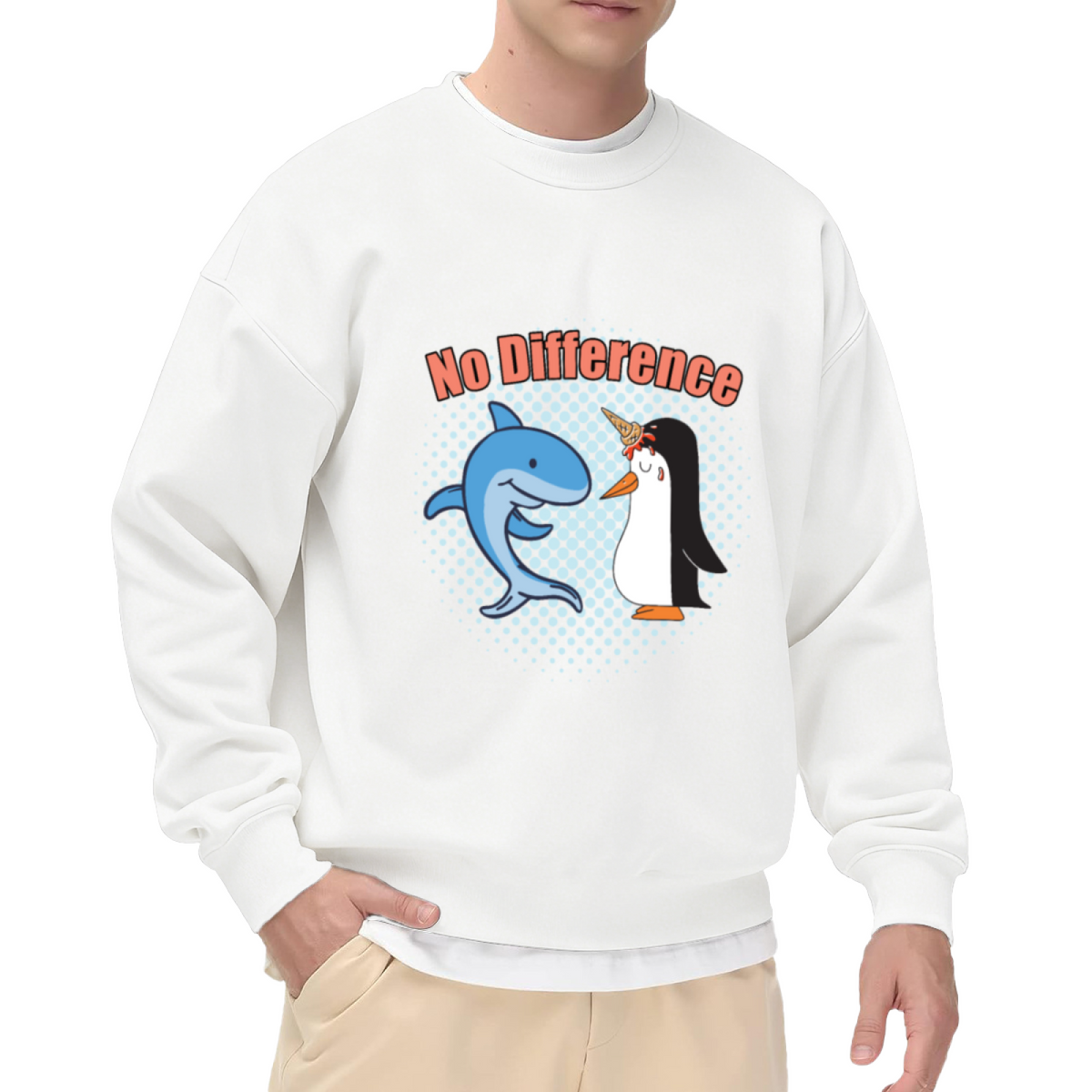 No Difference Funny Crewneck Sweatshirt with Cartoon Dolphin and Penguin Graphic