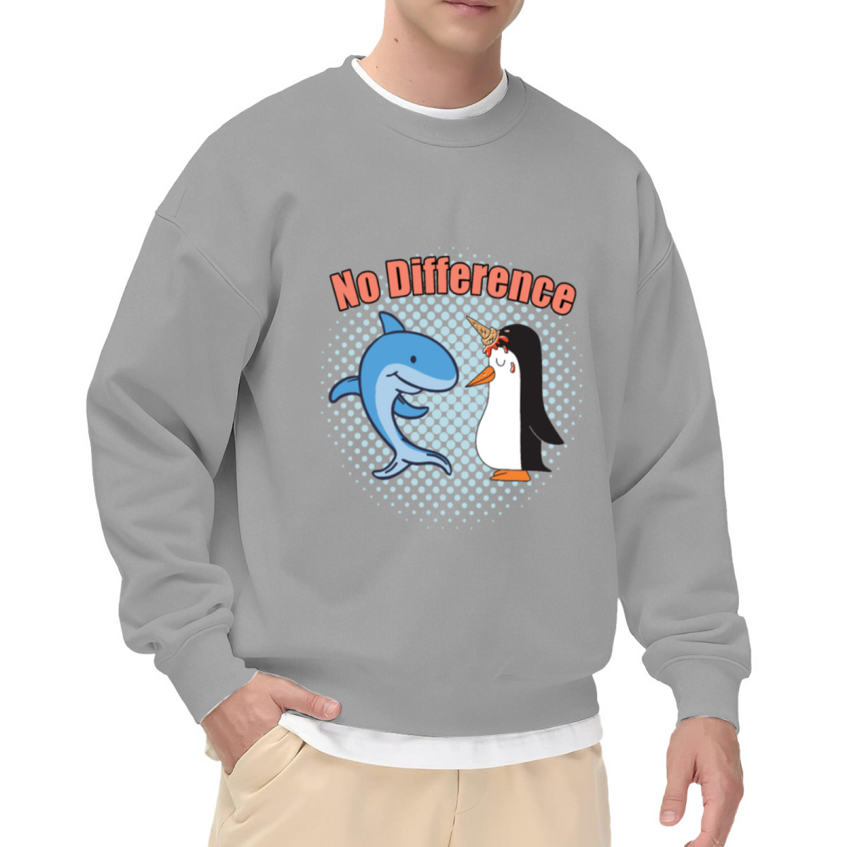 No Difference Funny Crewneck Sweatshirt with Cartoon Dolphin and Penguin Graphic
