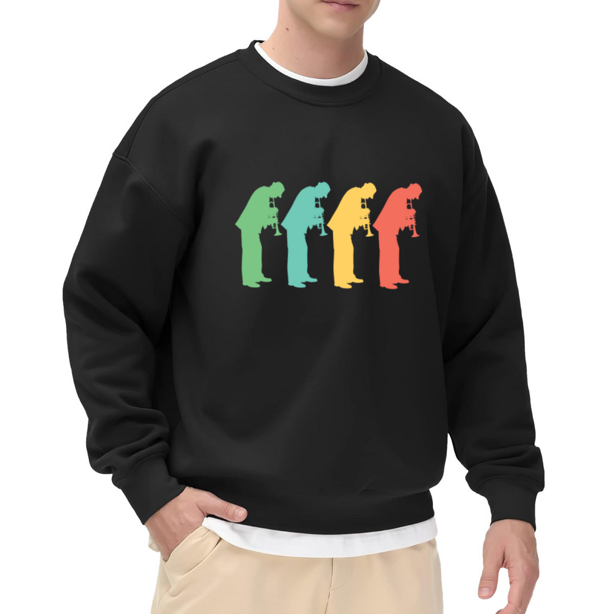 Jazz Trumpet Player Silhouettes Retro Crewneck Sweatshirt | Colorful Musician Row Graphic Pullover, Jazz Music Lover Gift