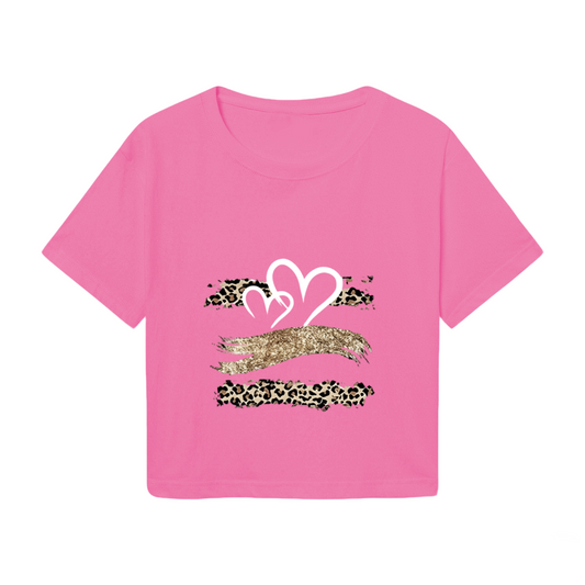 Leopard Glitter Heart Y2K Pink Crop Top
