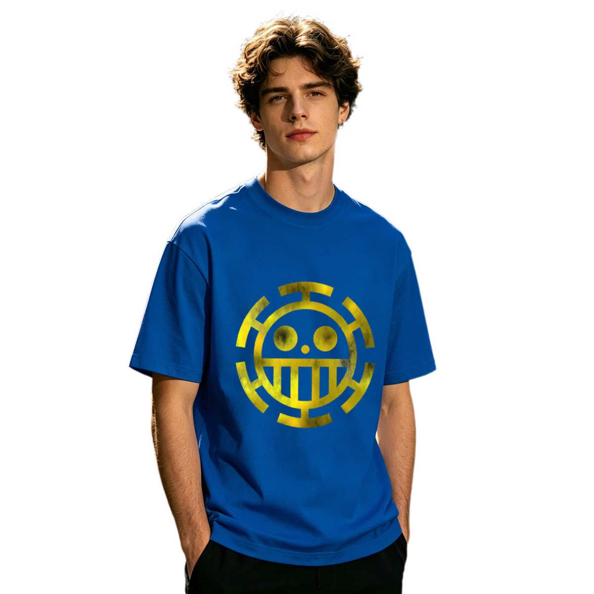Men's One Piece Trafalgar Law Anime Yellow Logo Print T-Shirt
