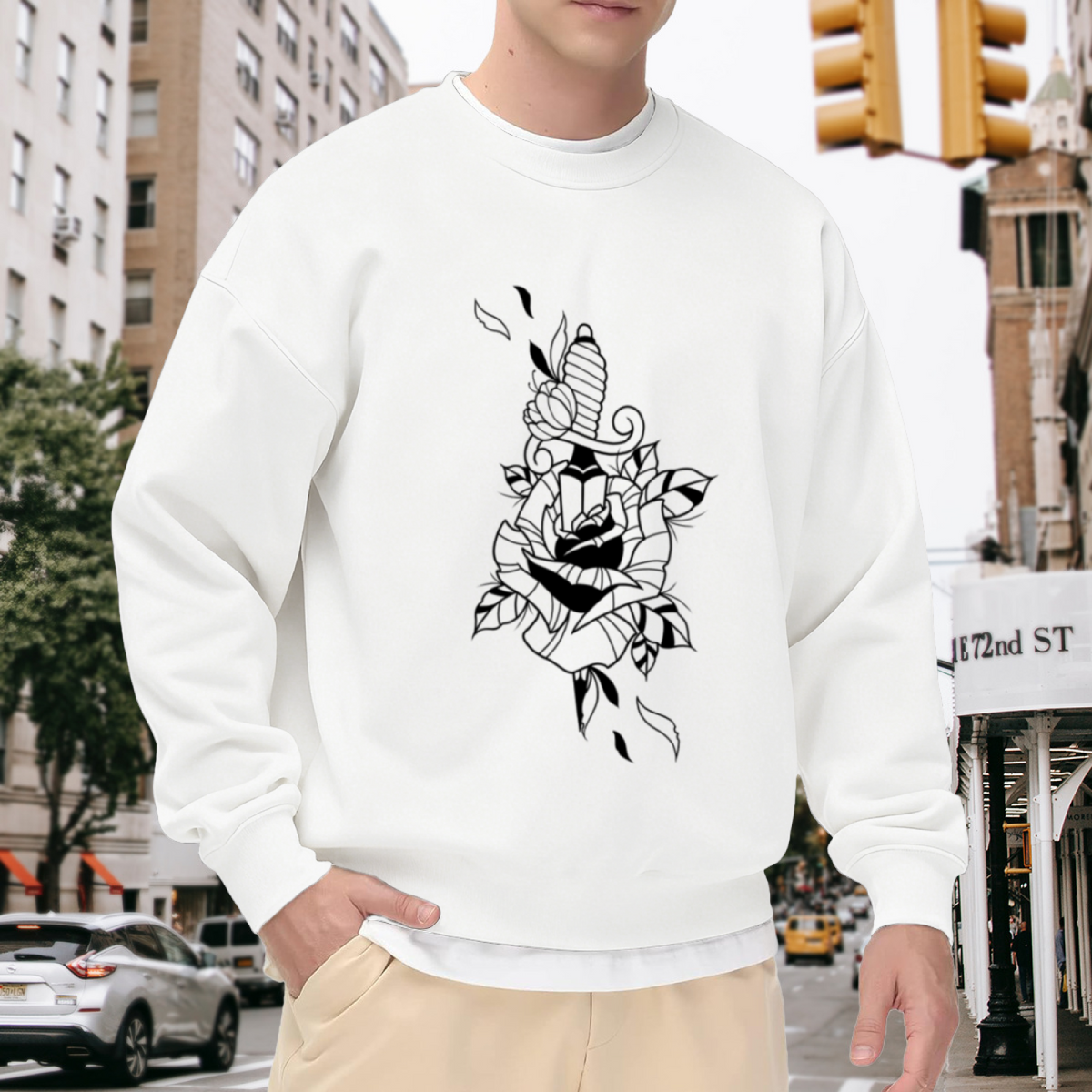 Dagger Rose Tattoo Crewneck Sweatshirt - Black Ink Floral Knife Graphic, Old School Tattoo Art Pullover, Edgy Streetwear