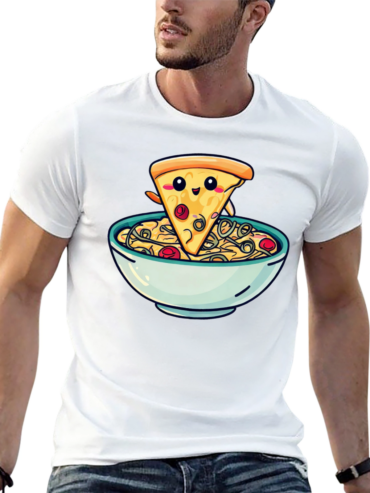Cute Pizza Slice in Bowl Graphic T-Shirt