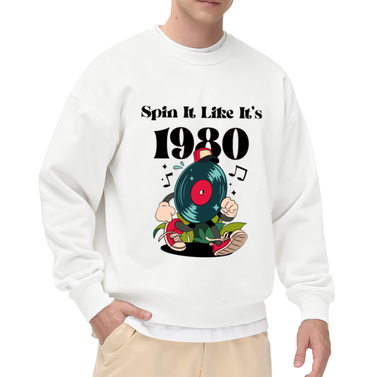 Spin It Like It's 1980 Sweatshirt | Retro Vinyl Record Cartoon Graphic Crewneck, 80s Music Lover Pullover Top, Vintage Gift for Music Fans