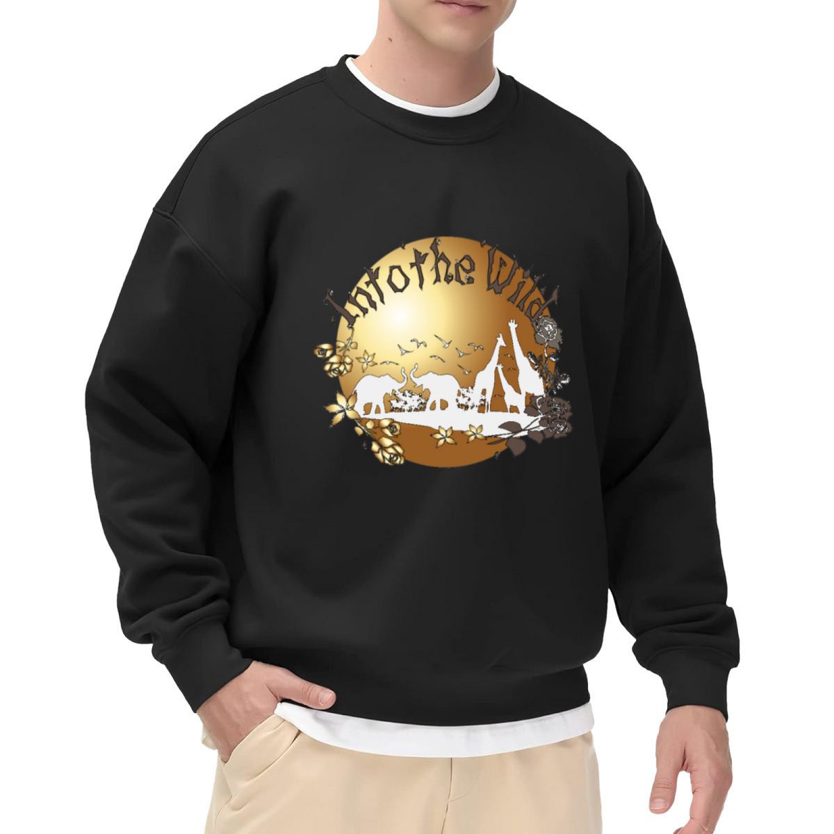 Into the Wild African Wildlife Crewneck Sweatshirt with Golden Floral and Animal Silhouette Graphic