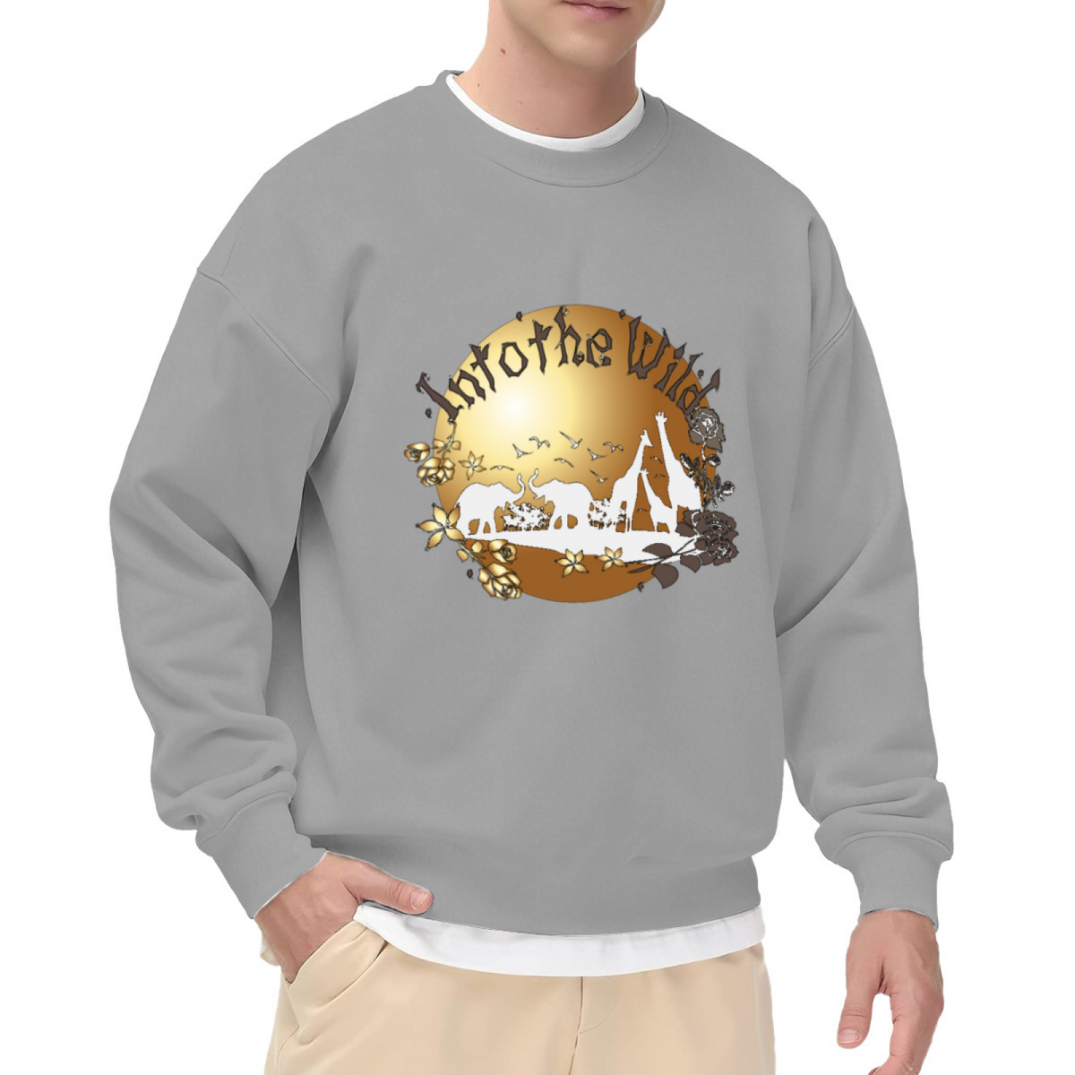 Into the Wild African Wildlife Crewneck Sweatshirt with Golden Floral and Animal Silhouette Graphic