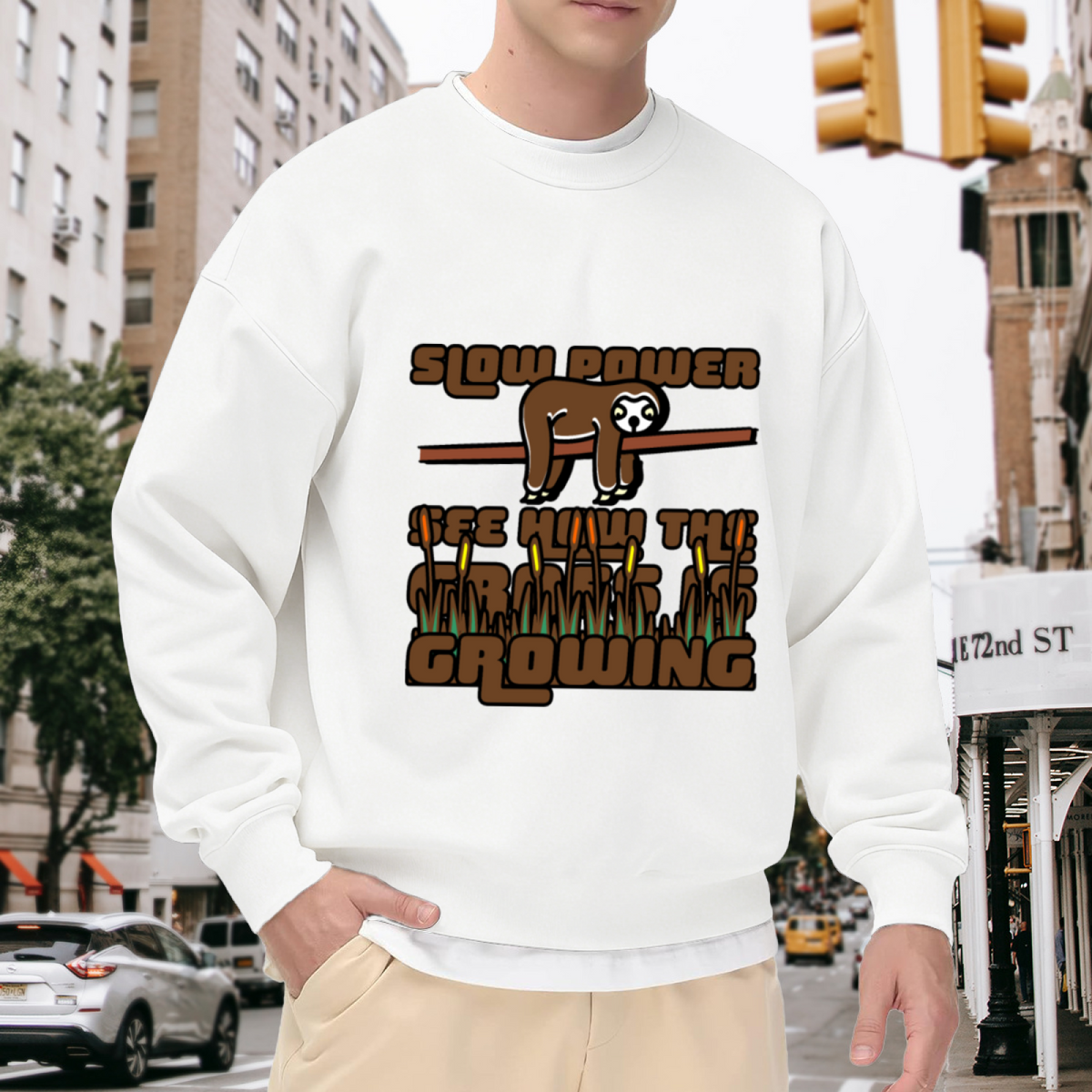 Slow Power Sloth Sweatshirt | Cartoon Sloth Weekend Vibes Graphic Crewneck, Chill Slow Living Pullover Top, Funny Gift for Lazy Days