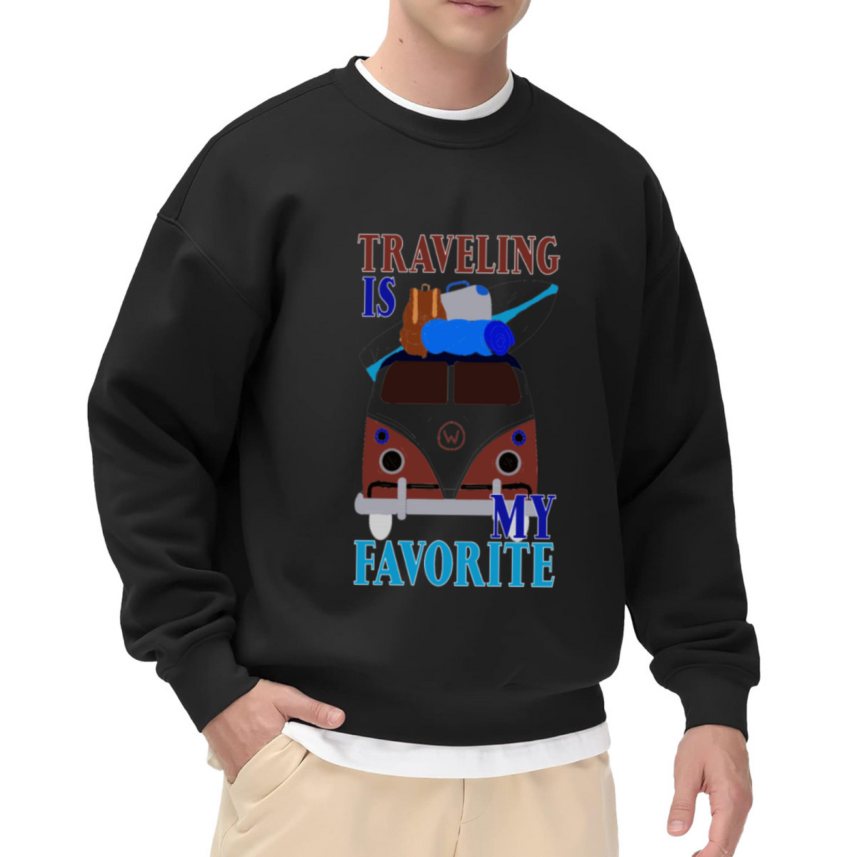 Traveling Is My Favorite Vintage Camper Van Crewneck Sweatshirt | Road Trip Camping Graphic Pullover, Van Life Gift
