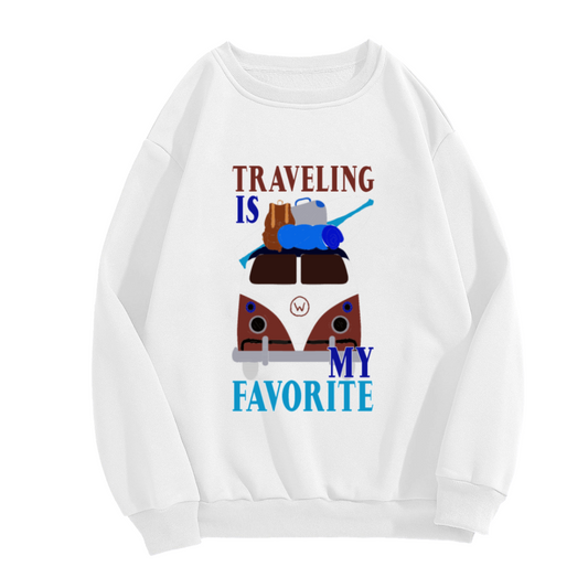 Traveling Is My Favorite Vintage Camper Van Crewneck Sweatshirt | Road Trip Camping Graphic Pullover, Van Life Gift