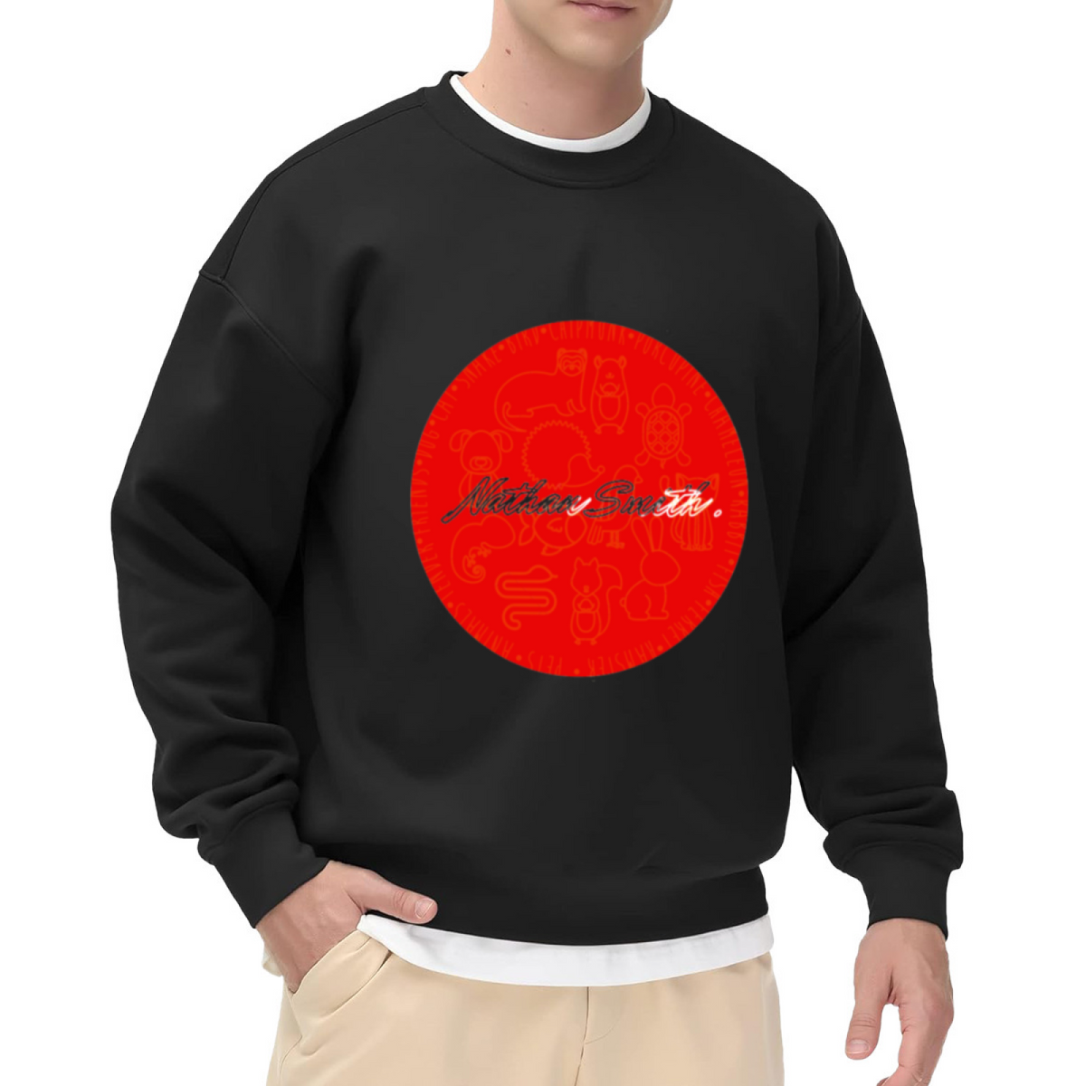 Nathan Smith Cartoon Animals Badge Crewneck Sweatshirt, Personalized Name Script Pullover, Custom Name Gift