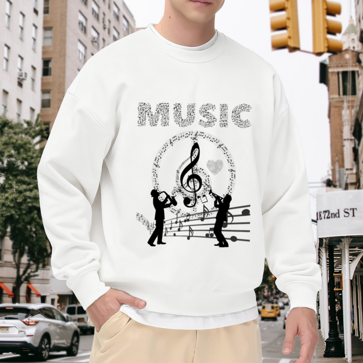 Music Notes Musicians Crewneck Sweatshirt - Artistic Band Silhouette Pullover, Music Teacher Gift, Symphony Top