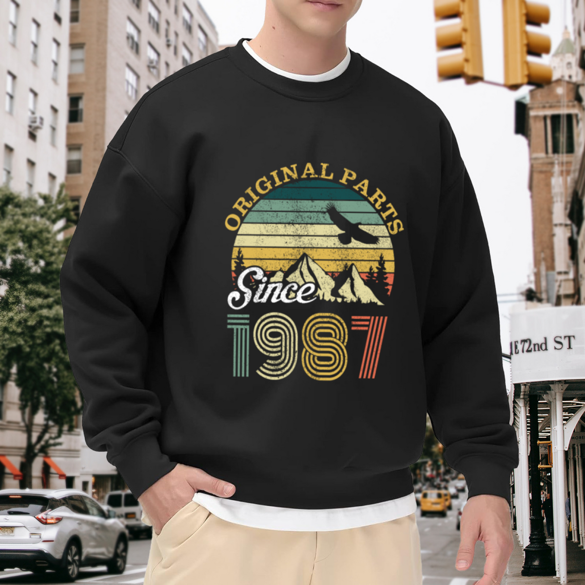 Original Parts Since 1987 Retro Mountain Sunset Crewneck Sweatshirt | Vintage 1987 Birth Year Pullover, Birthday Gift