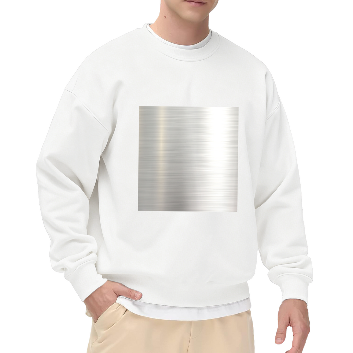 Brushed Metal Texture Minimalist Crewneck Sweatshirt | Industrial Abstract Silver Square Pullover, Modern Streetwear Top