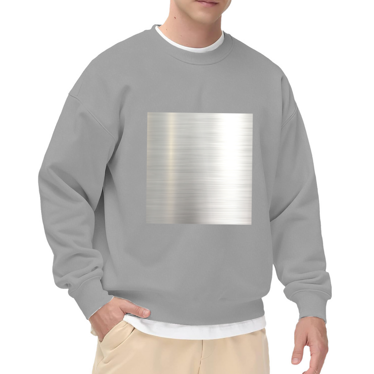 Brushed Metal Texture Minimalist Crewneck Sweatshirt | Industrial Abstract Silver Square Pullover, Modern Streetwear Top