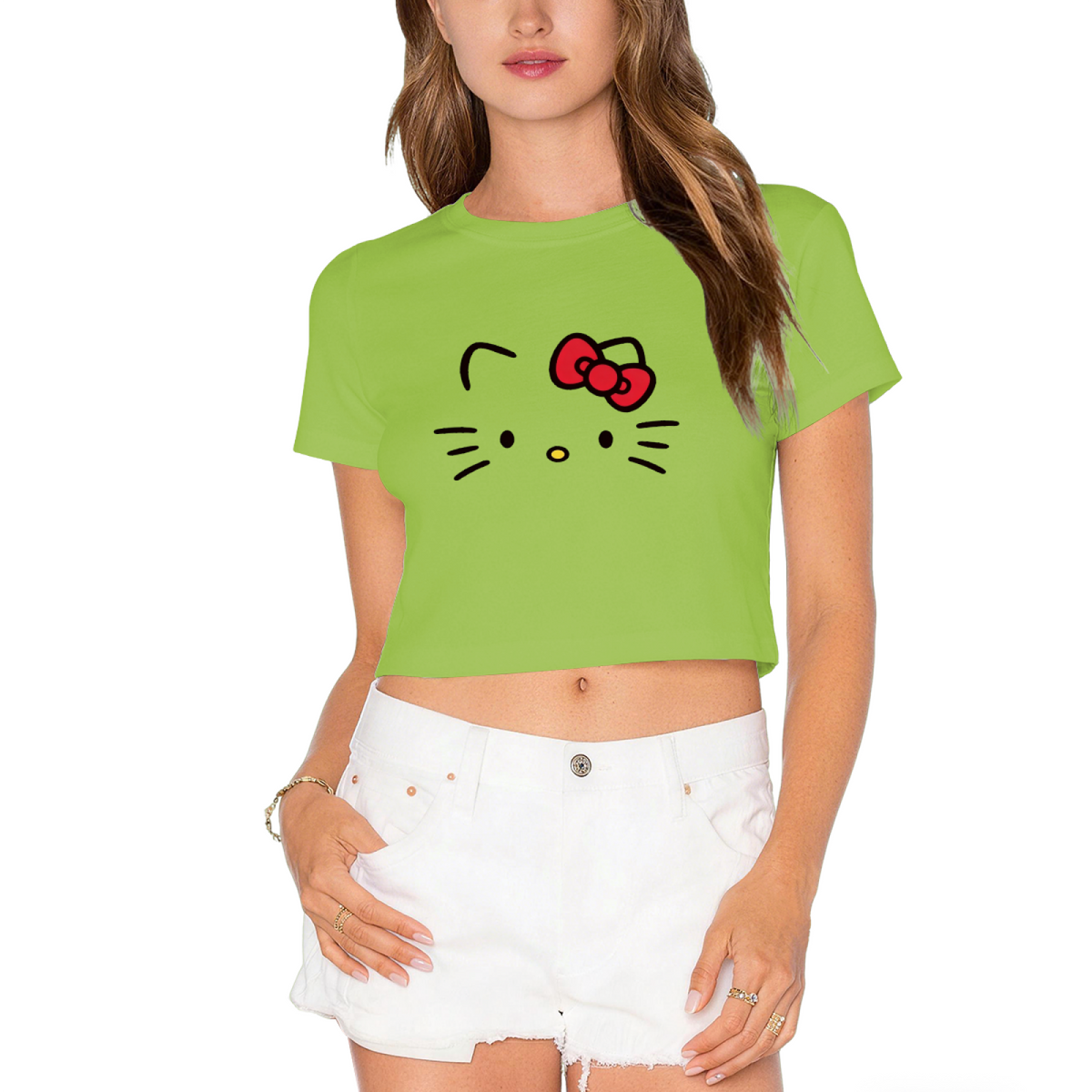 Simple Face Hello Kitty Hot Pink Cropped Top Casual Summer Crop T?Shirt
