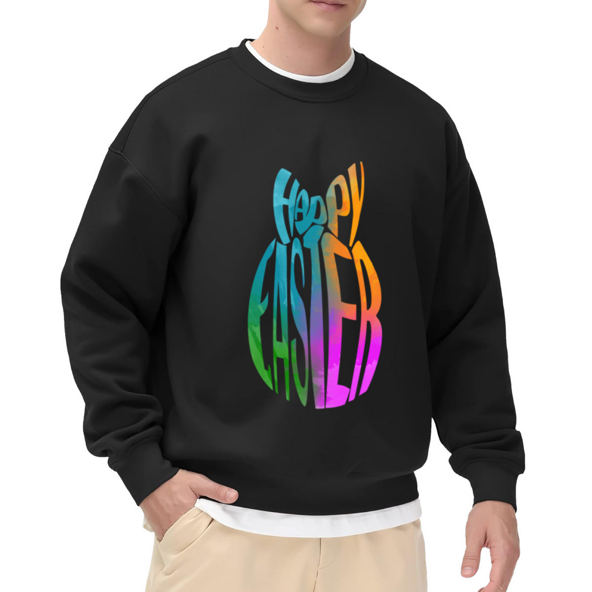 Happy Easter Egg Lettering Crewneck Sweatshirt | Colorful Rainbow Gradient Pullover, Festive Holiday Graphic Top, Easter Gift