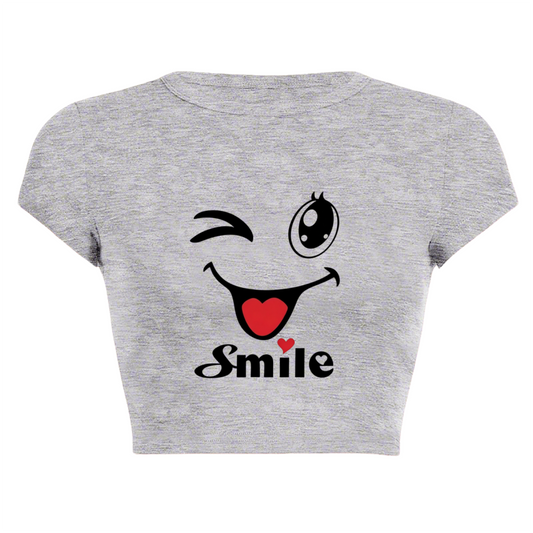 Wink Smile Heart Cute Cartoon Gray Casual Crop Tee