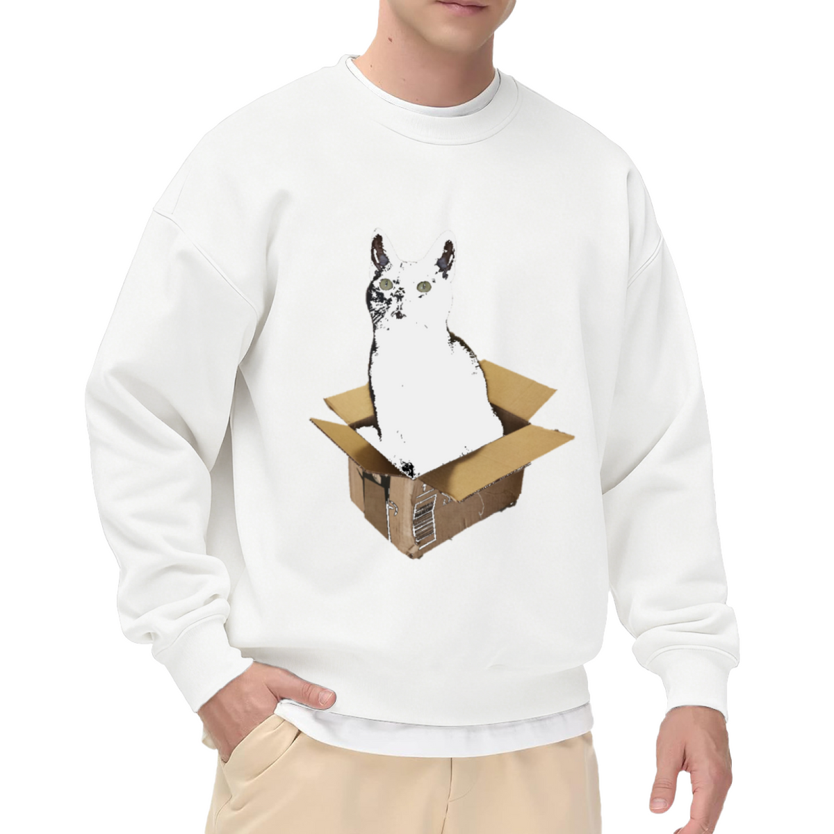 Cat In A Box Grunge Photo Collage Crewneck Sweatshirt | Funny White Cat Cardboard Graphic Pullover, Cat Lover Gift