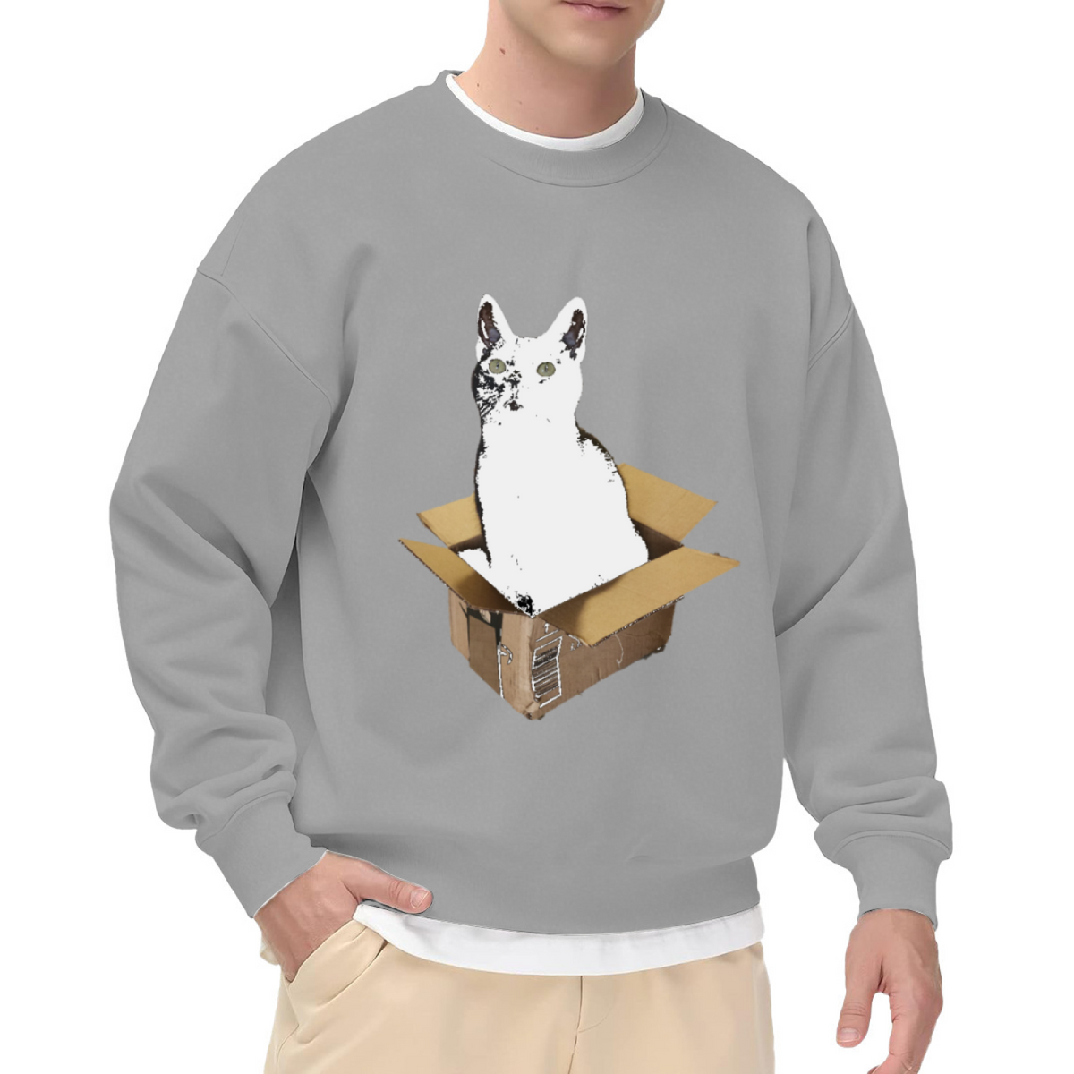 Cat In A Box Grunge Photo Collage Crewneck Sweatshirt | Funny White Cat Cardboard Graphic Pullover, Cat Lover Gift