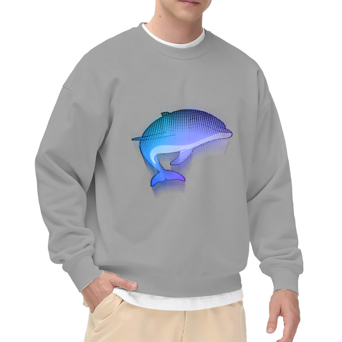 Halftone Dolphin Crewneck Sweatshirt | Modern Gradient Ocean Graphic Pullover, Retro Dot Art Streetwear Top, World Ocean Day Gift