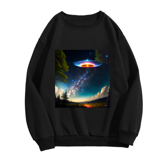 UFO Milky Way Night Sky Crewneck Sweatshirt, Flying Saucer Sci Fi Pullover, Space Gift