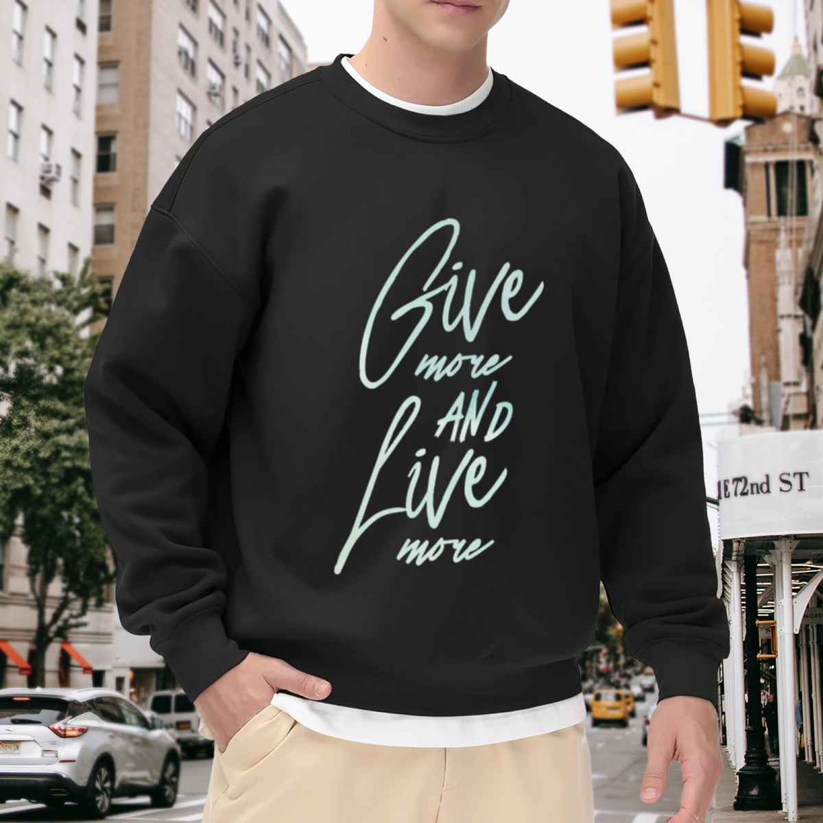 Give More Live More Inspirational Script Crewneck Sweatshirt | Motivational Cursive Quote Pullover, Positive Mindset Gift Top