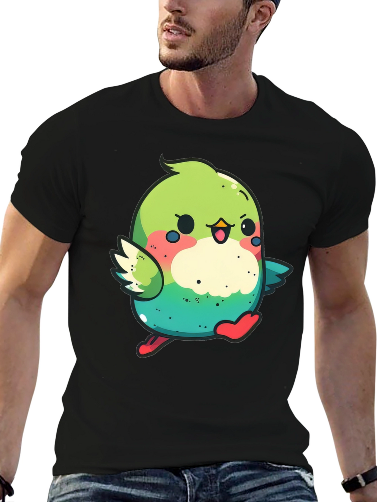 Cute Cartoon Bird Graphic Tee - Black