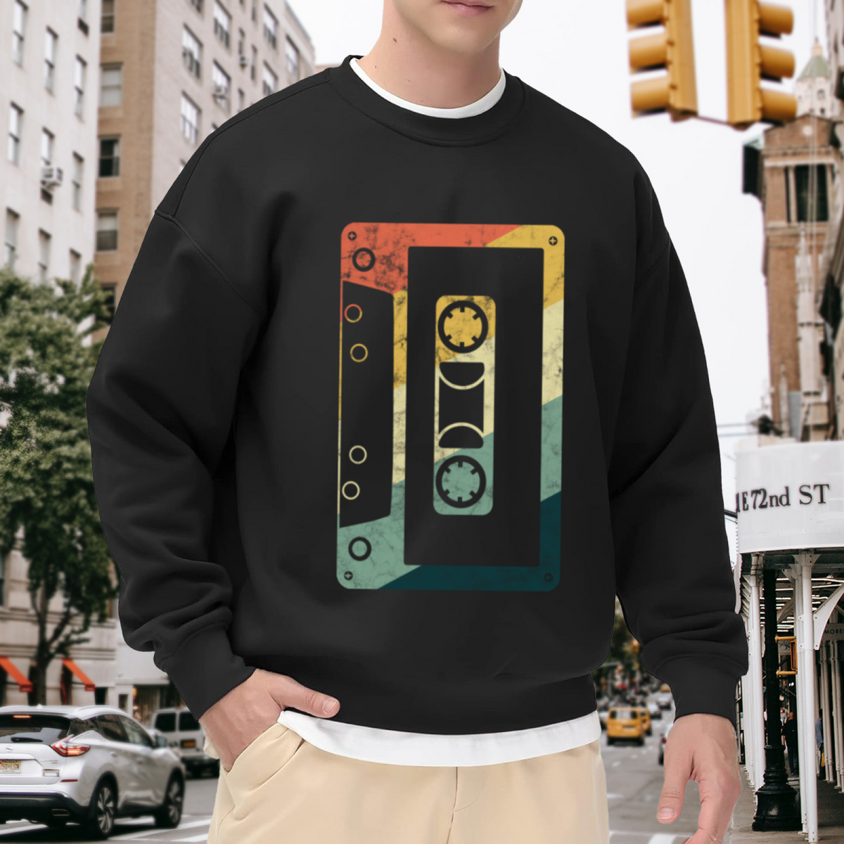 Retro Cassette Tape Sunset Gradient Crewneck Sweatshirt | Vintage Mixtape Distressed Pullover, 80s Nostalgia Gift