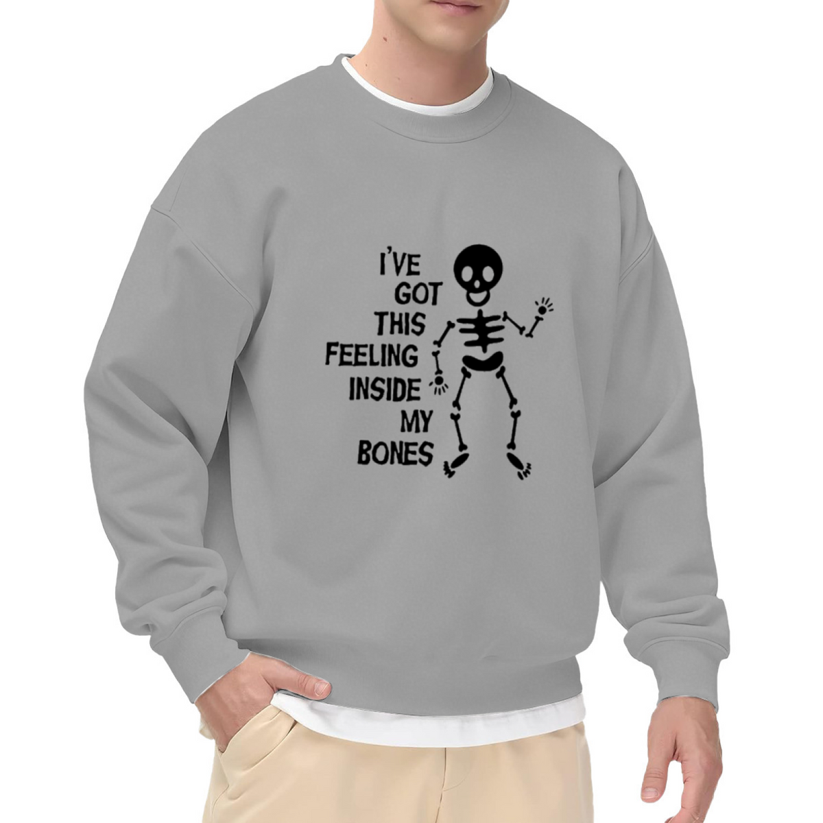 Cartoon Skeleton Feeling Inside My Bones Sweatshirt | Funny Halloween Graphic Crewneck, Hand-Drawn Skull Pullover Top, Spooky Gift for Women Men