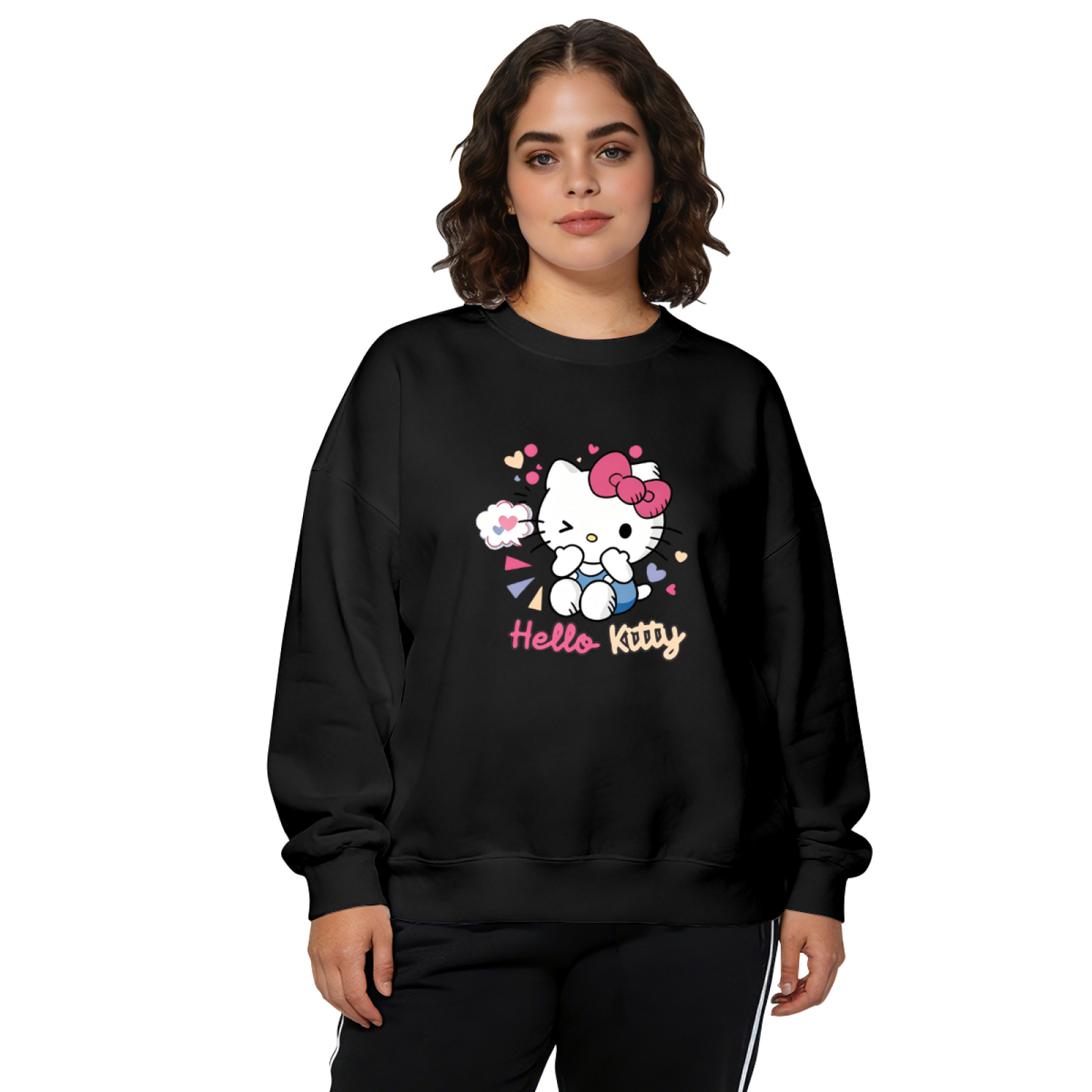 Playful Wink Hello Kitty Colorful Print Crewneck Sweatshirt