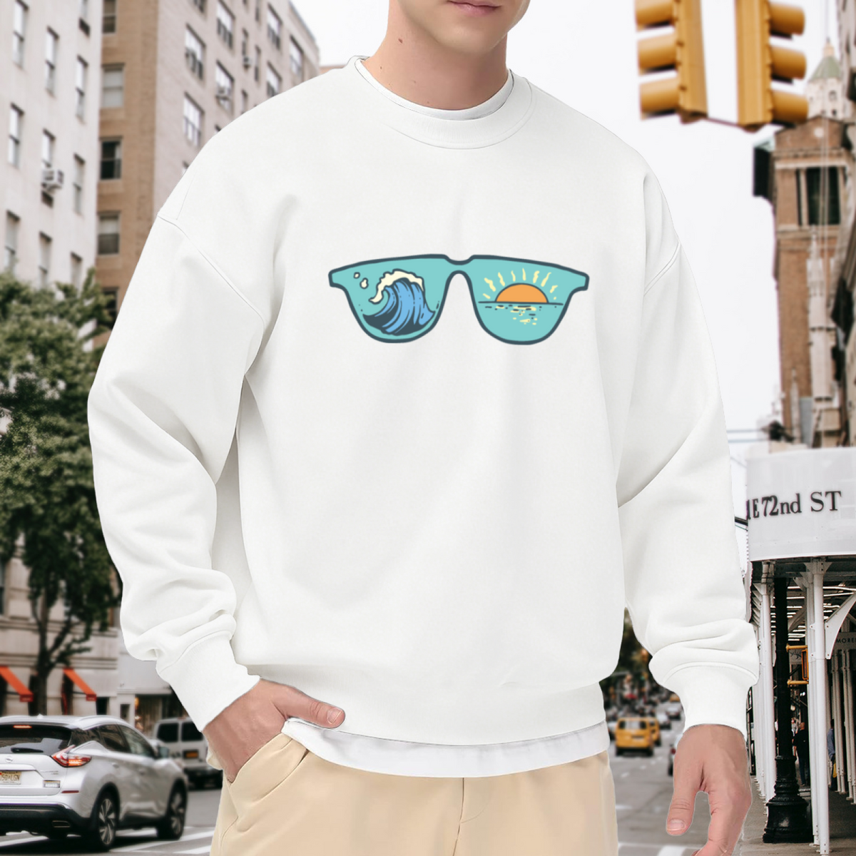 Ocean Wave Sunset Sunglasses Crewneck Sweatshirt | Retro Beach Coastal Lens Graphic Pullover, Summer Vacation Gift