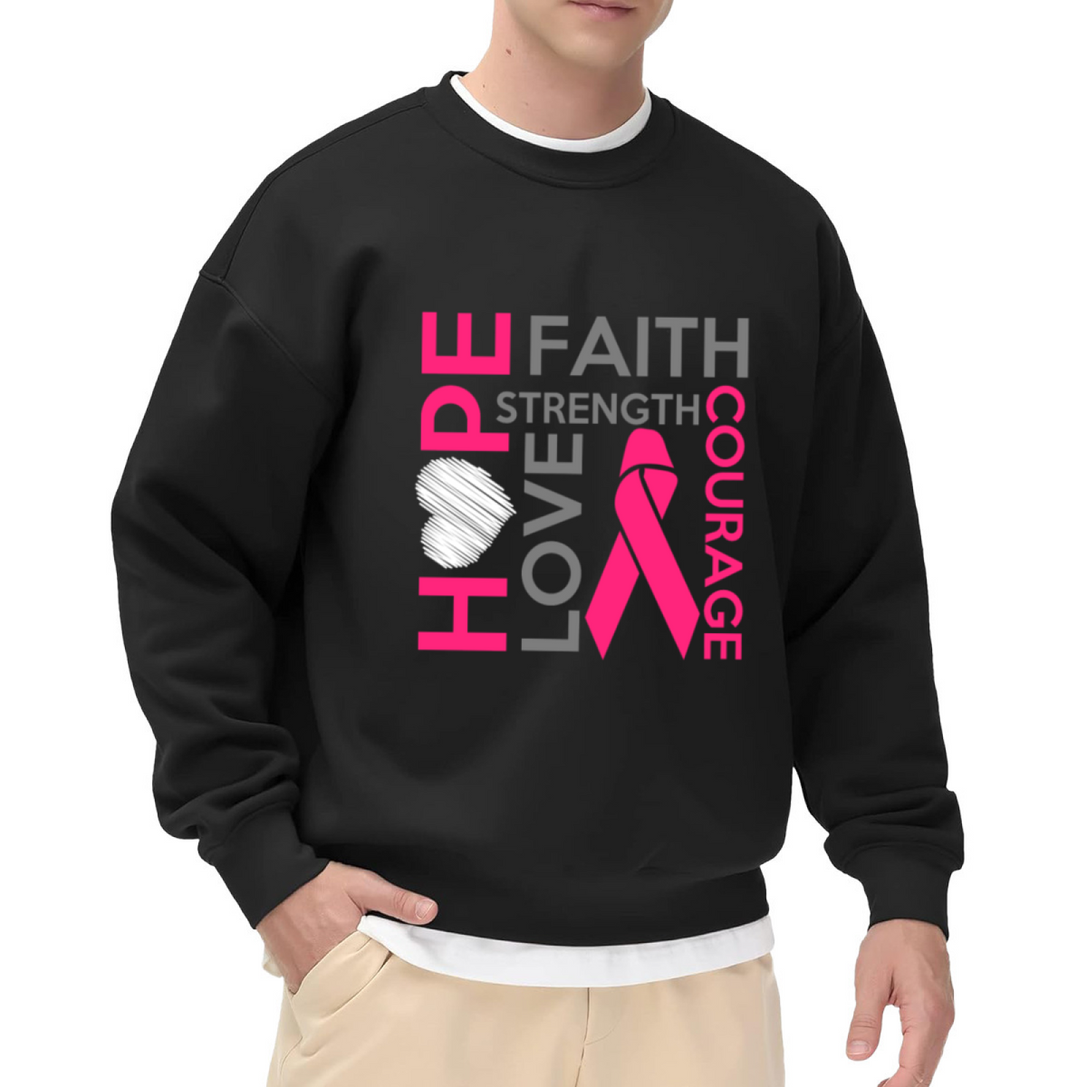 Pink Ribbon Breast Cancer Awareness Crewneck Sweatshirt | Hope Faith Strength Courage Love Pullover, Survivor Support Gift