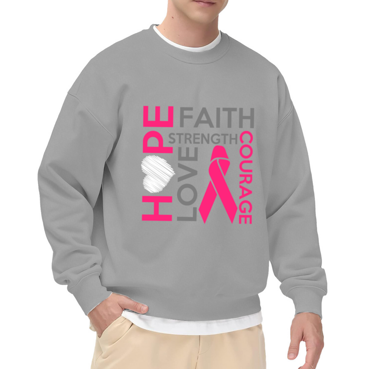 Pink Ribbon Breast Cancer Awareness Crewneck Sweatshirt | Hope Faith Strength Courage Love Pullover, Survivor Support Gift