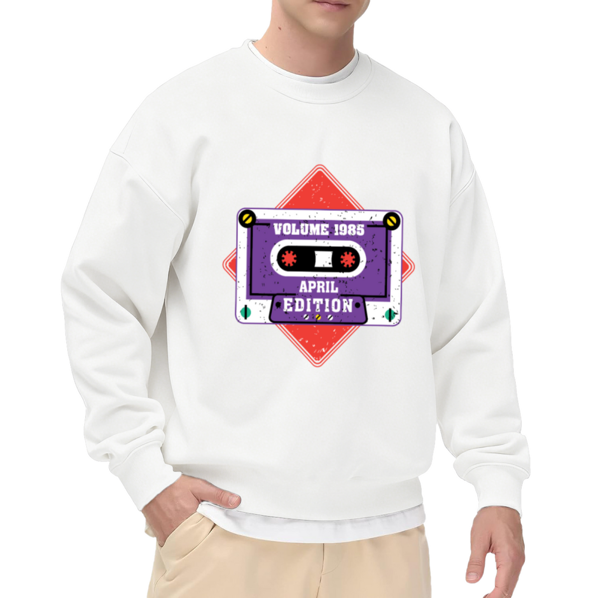 Volume 1985 Cassette Tape Crewneck Sweatshirt | Retro 80s Music Pullover, Vintage Distressed Graphic Top, 80s Theme Party Gift