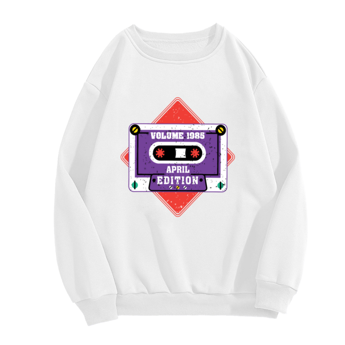Volume 1985 Cassette Tape Crewneck Sweatshirt | Retro 80s Music Pullover, Vintage Distressed Graphic Top, 80s Theme Party Gift