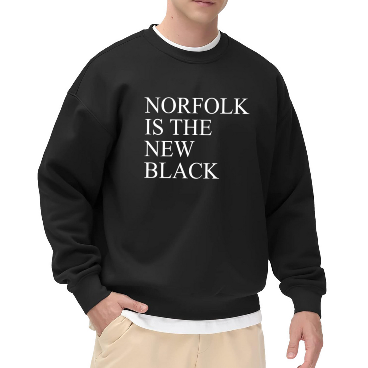 NORFOLK IS THE NEW BLACK Crewneck Sweatshirt - Minimalist Typography, Casual Unisex Graphic Sweatshirt