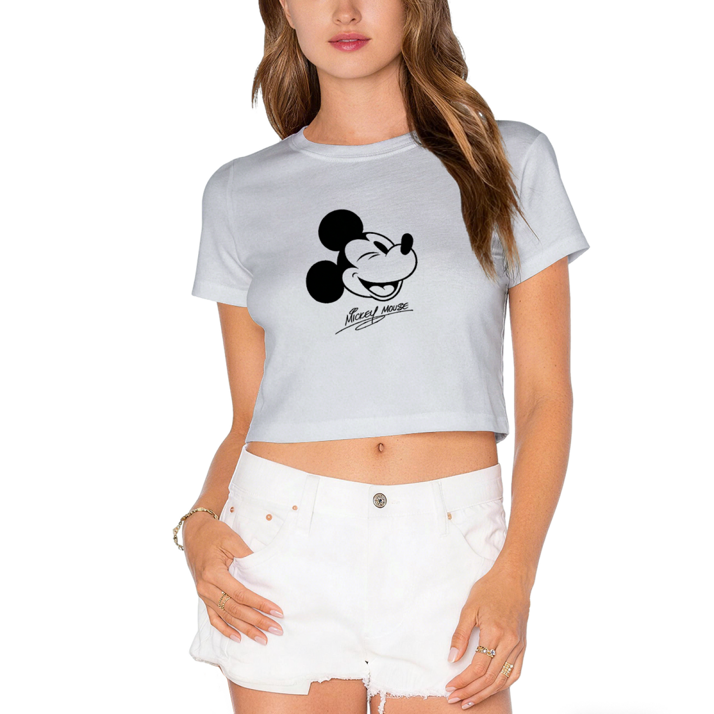 Vintage Winking Mickey Mouse Signature Graphic Cropped Top Retro Crop Tee
