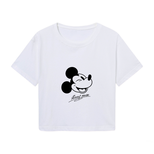 Vintage Winking Mickey Mouse Signature Graphic Cropped Top Retro Crop Tee