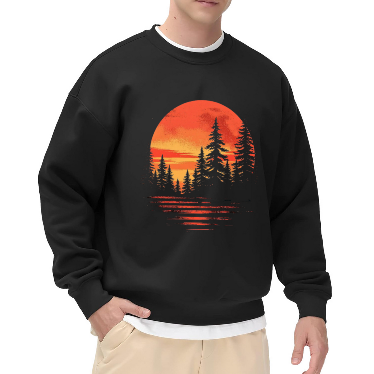 Sunset Pine Forest Reflection Crewneck Sweatshirt | Vintage Outdoor Nature Pullover, Retro Sunset Reflection Graphic Top, Camping Gift