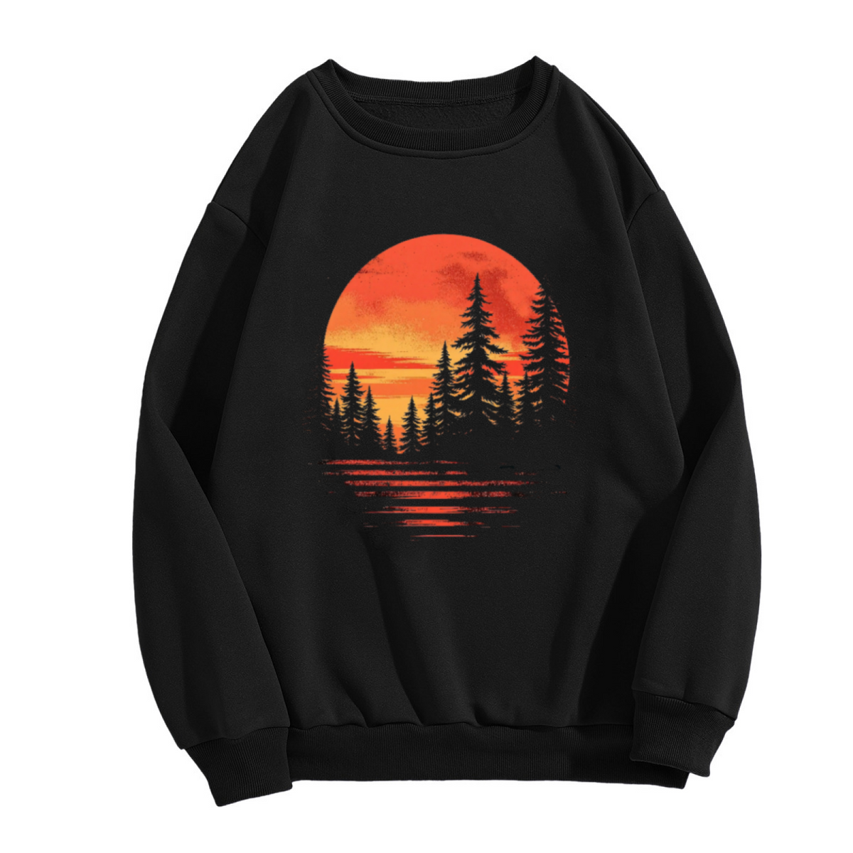 Sunset Pine Forest Reflection Crewneck Sweatshirt | Vintage Outdoor Nature Pullover, Retro Sunset Reflection Graphic Top, Camping Gift