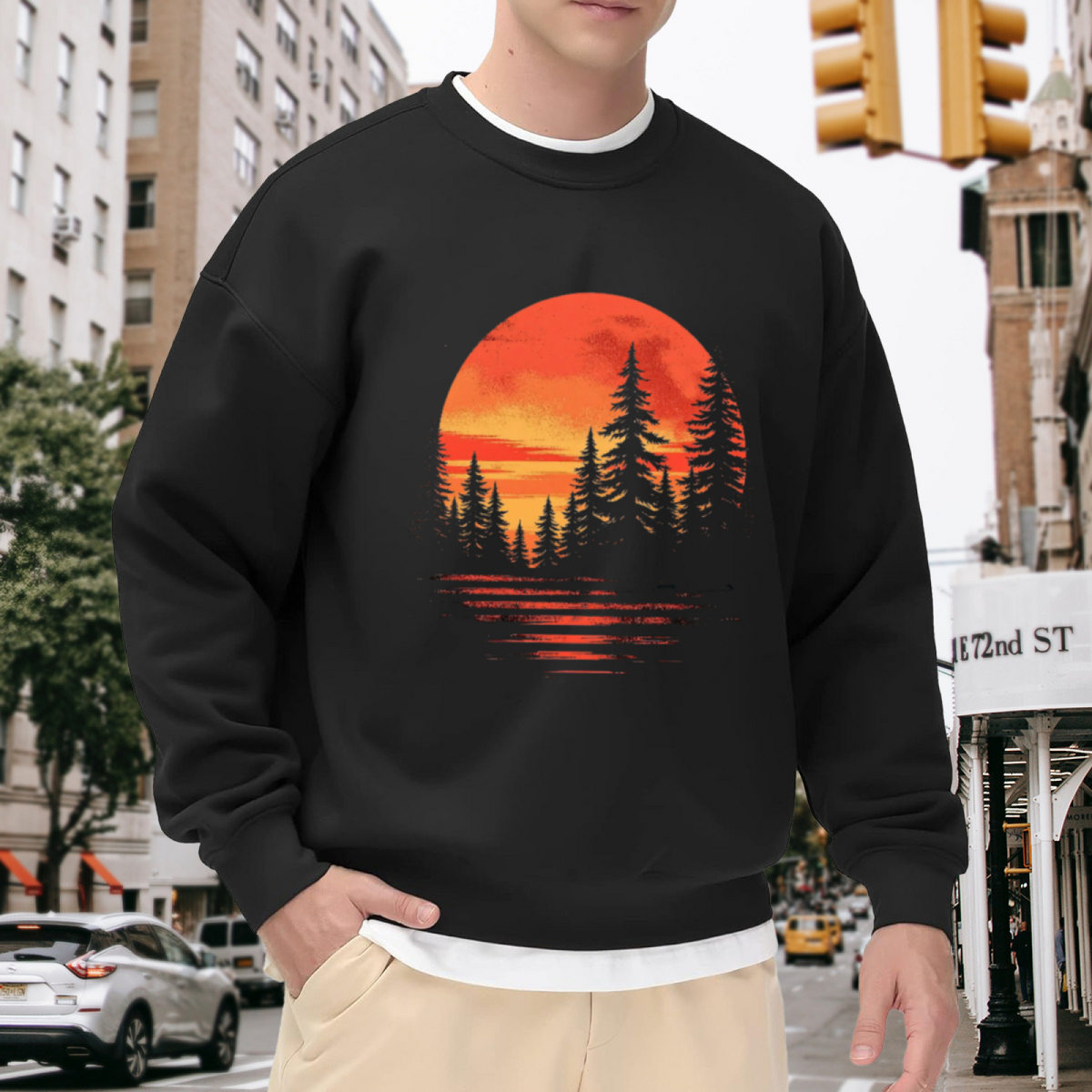 Sunset Pine Forest Reflection Crewneck Sweatshirt | Vintage Outdoor Nature Pullover, Retro Sunset Reflection Graphic Top, Camping Gift
