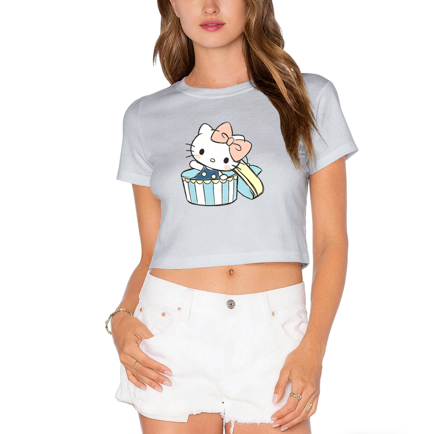 Gift?Box Hello Kitty Sweet Pastel Style Cropped Top Kawaii Women Crop Tee