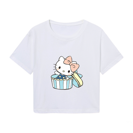 Gift?Box Hello Kitty Sweet Pastel Style Cropped Top Kawaii Women Crop Tee